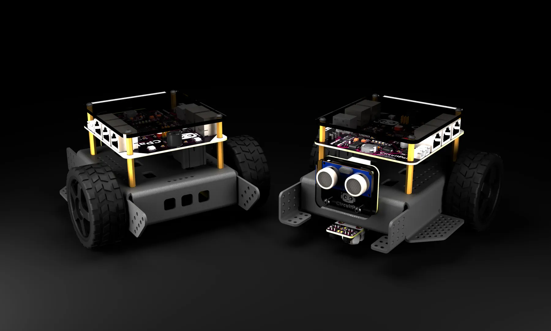 CircuitPal V1 robotları karanlık sahnede, arkadan ve önden