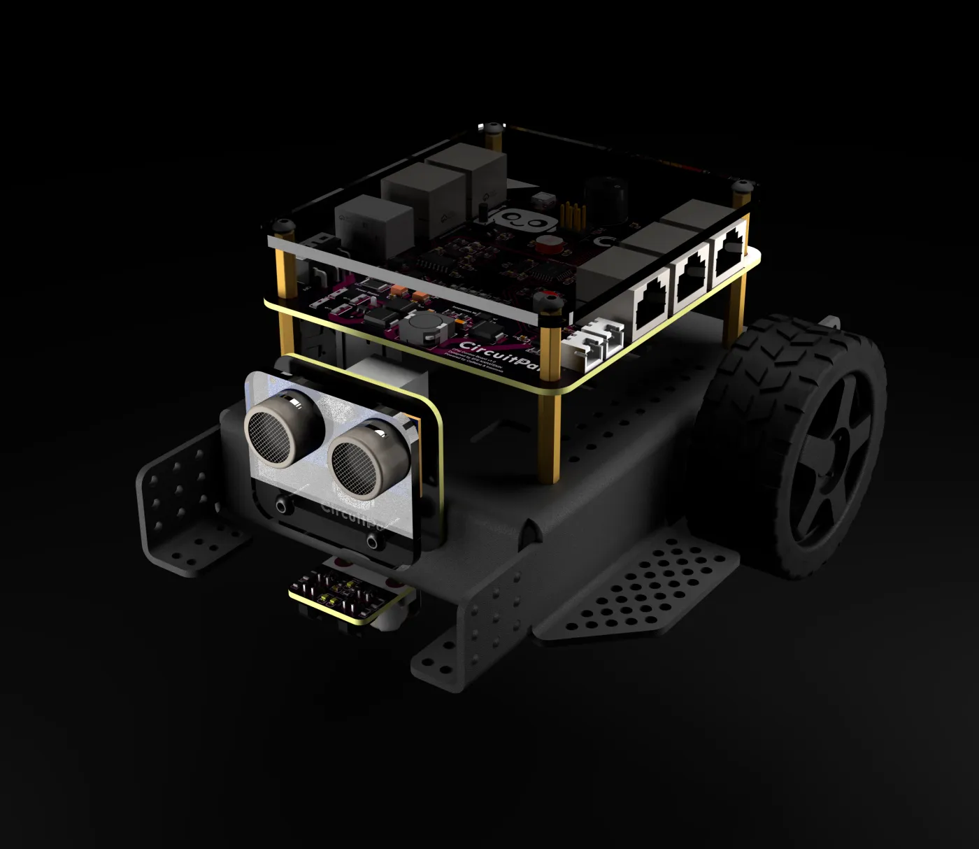 CircuitPal V1 önden: ultrasonik sensör, çizgi kartı ve kartın kenarındaki soketler